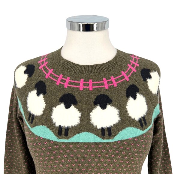 Talbots Sheep Yoke Raglan Crewneck Pullover Green Pink Size Small Petite - Picture 2 of 11